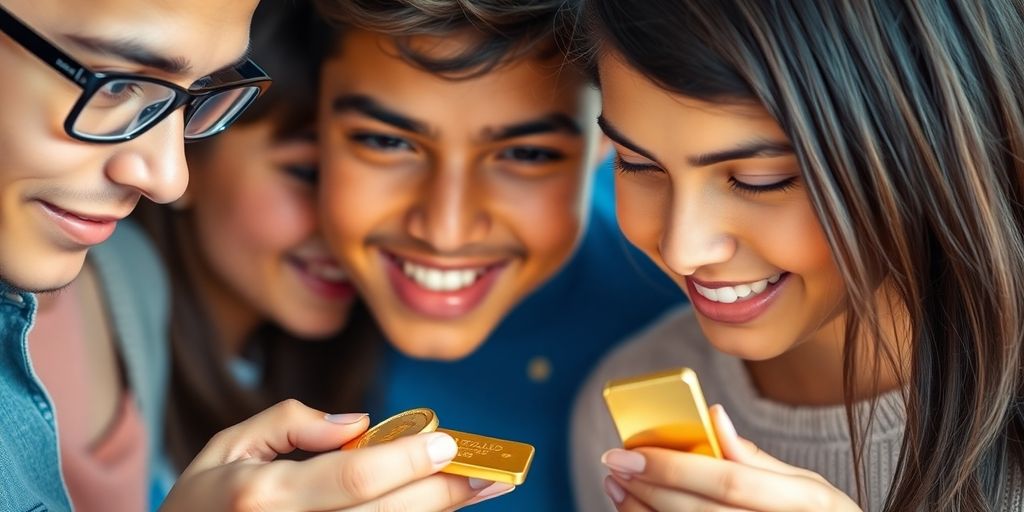 Jeunes regardant des pièces d'or et des lingots.