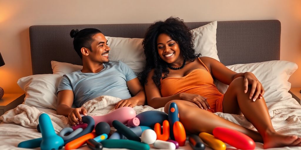 Couple joyfully exploring various sex toys together.