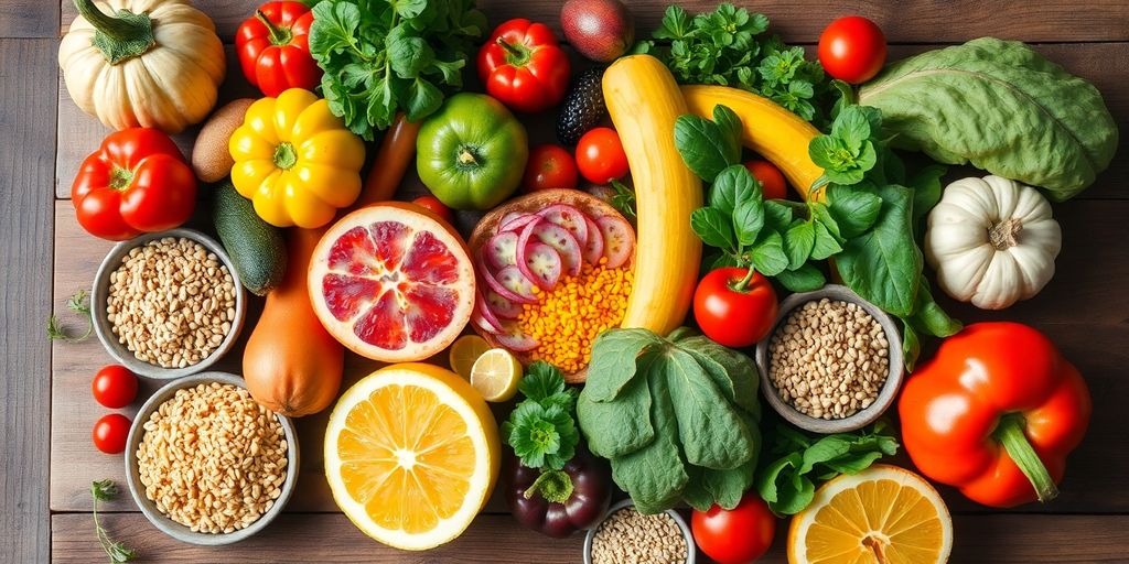 Colorful, healthy foods arranged on a wooden table.