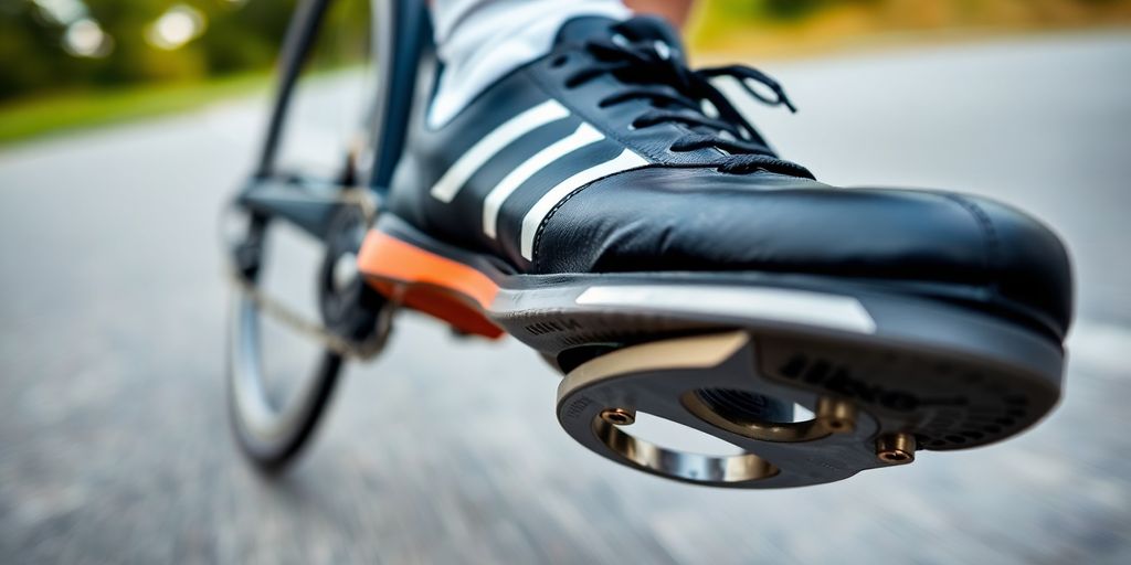 Cyclist's foot clipped into bike pedal.