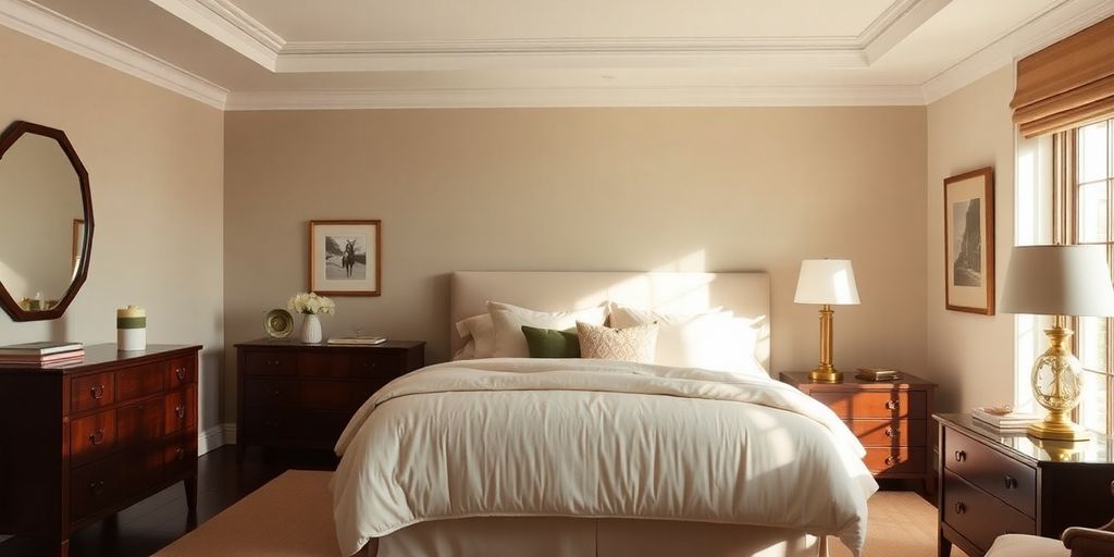 Luxurious Ralph Lauren bedroom with plush bedding and elegant furnishings.