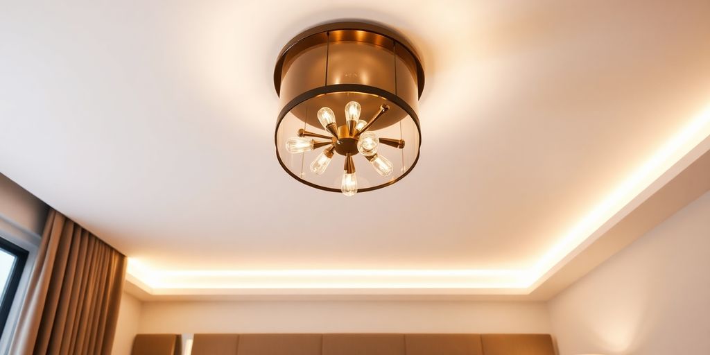 Modern bedroom with a chic ceiling light fixture.