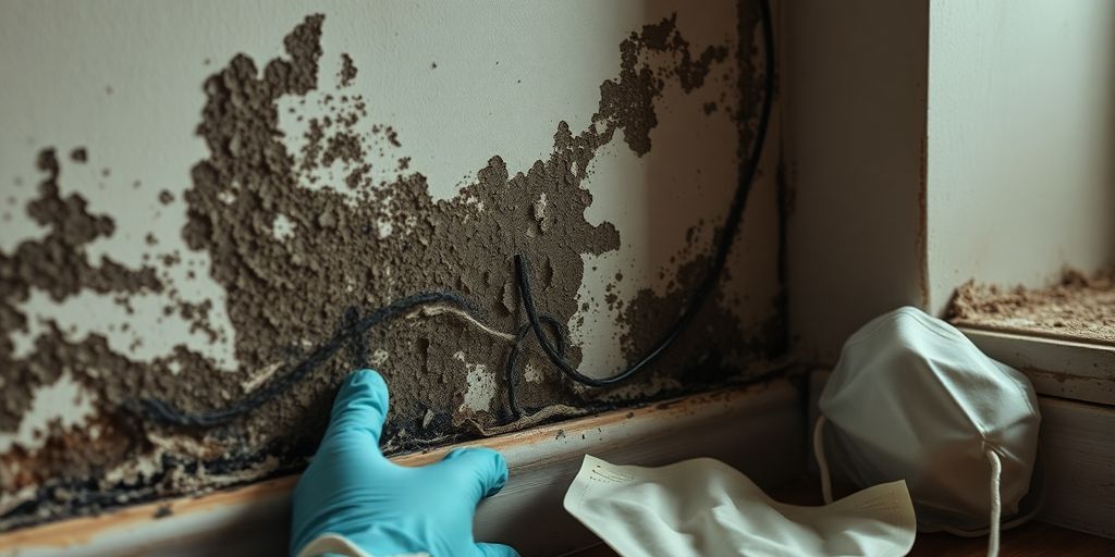 Mold growth on a wall with remediation tools nearby.