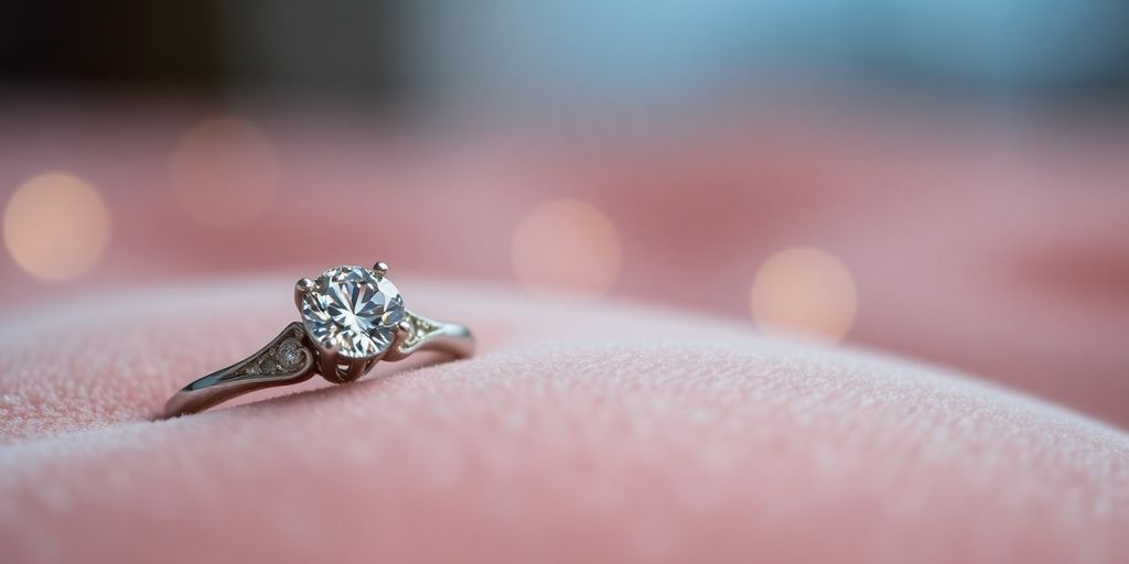 Bague de fiançailles en gros plan sur velours.