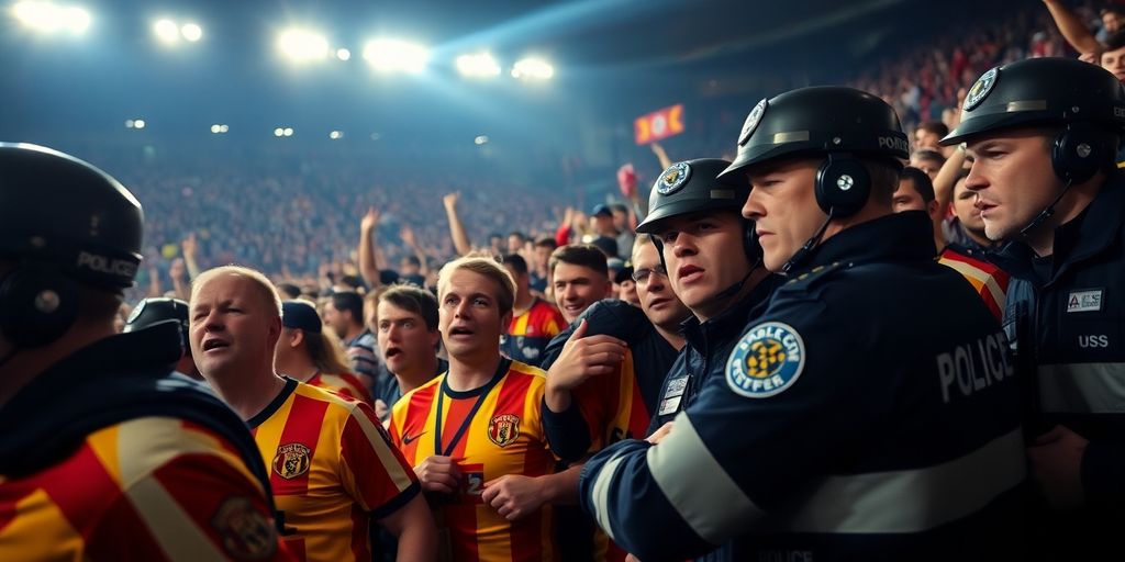 Police and soccer fans in a chaotic Stuttgart scene.
