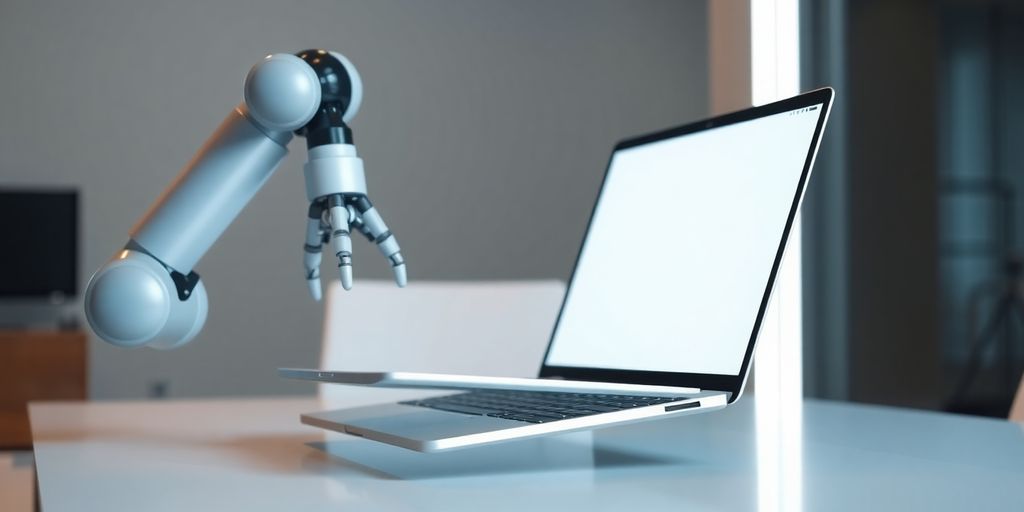Automated robot arm deploying a laptop.