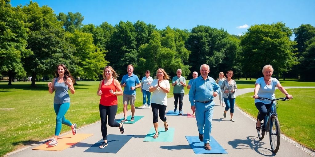 Diverse group enjoying low-impact exercises outdoors.