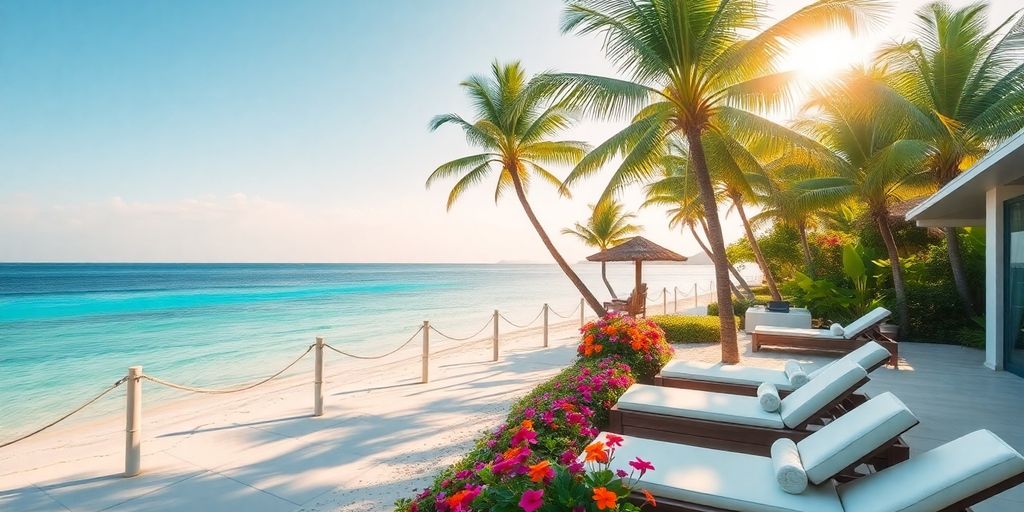 Private island beach with spa area and tropical scenery.