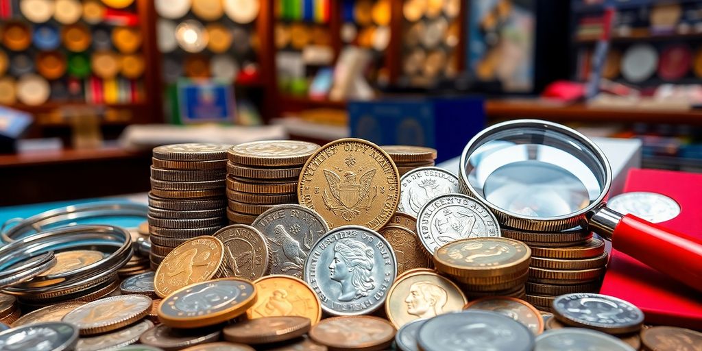 Close-up of various collectible coins on a table.