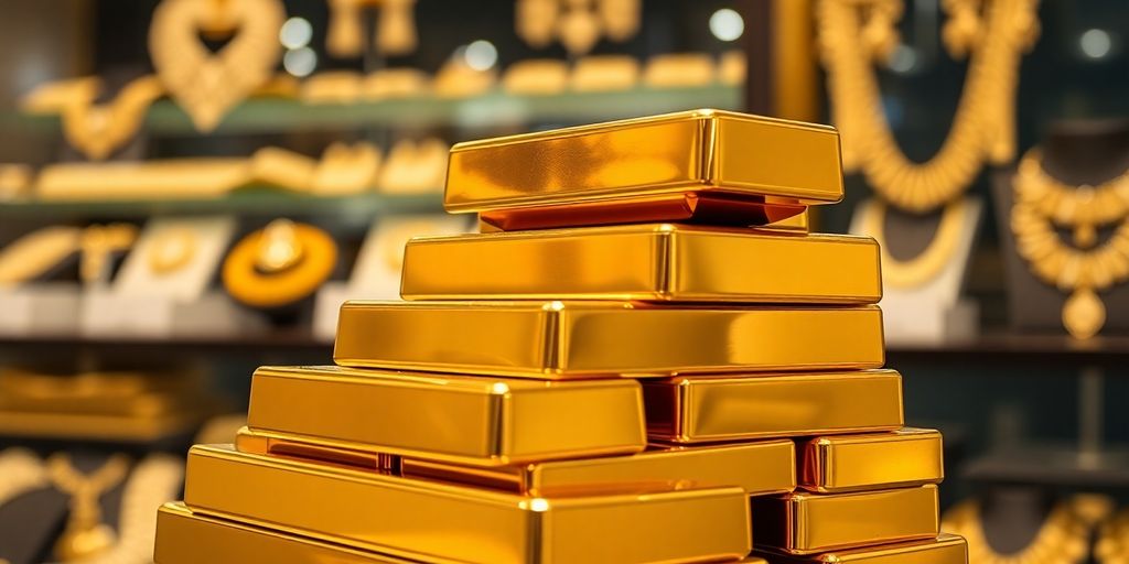Lingots d'or empilés dans une bijouterie.
