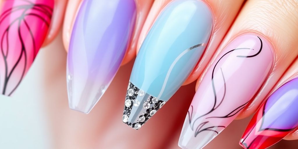 Unhas de fibra de vidro coloridas e bem cuidadas.