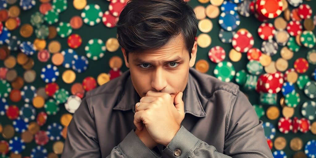 Man thinking with scattered betting chips and coins.
