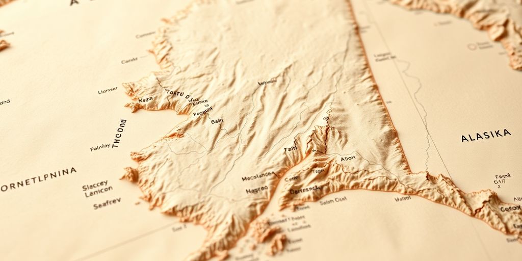 A detailed photographic close-up of a physical map of Alaska.