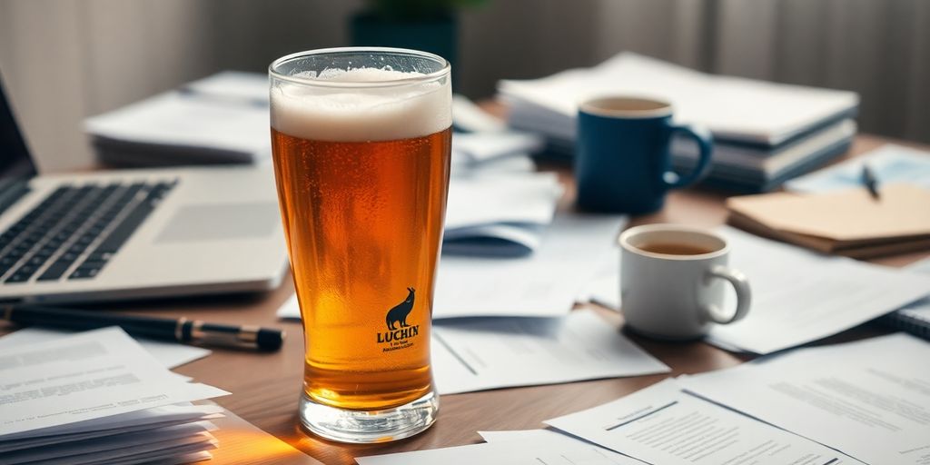Beer glass on table among work materials and coffee cup.