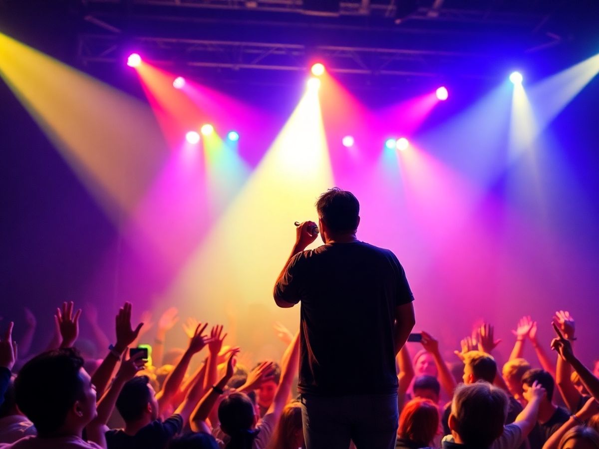 Artist performing live with a lively crowd and lights.