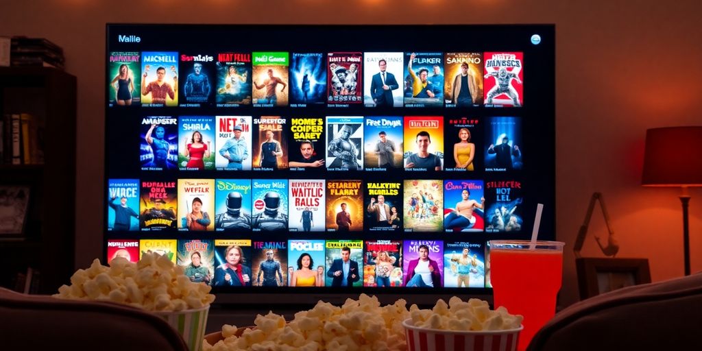 A display of diverse movie covers for viewing.
