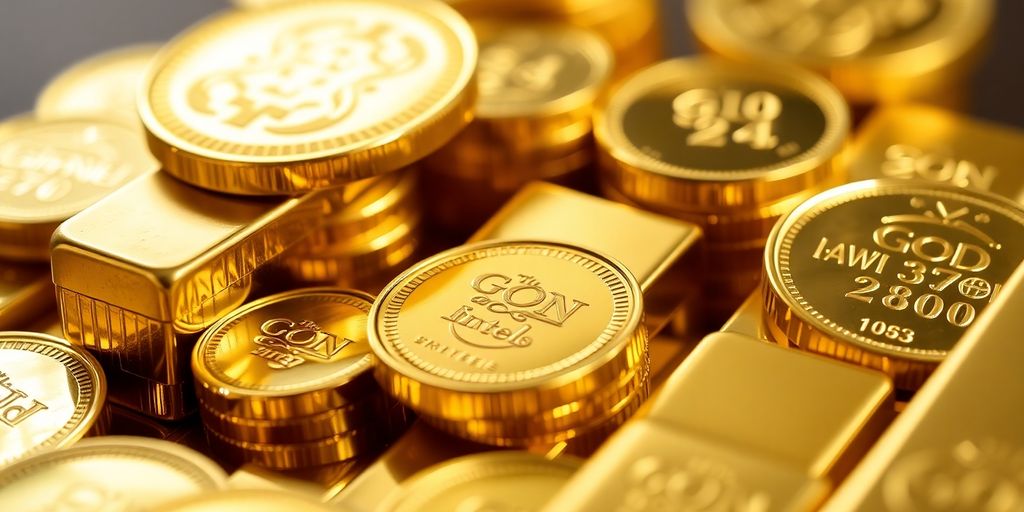 Pièces et lingots d'or brillants sur fond flou.