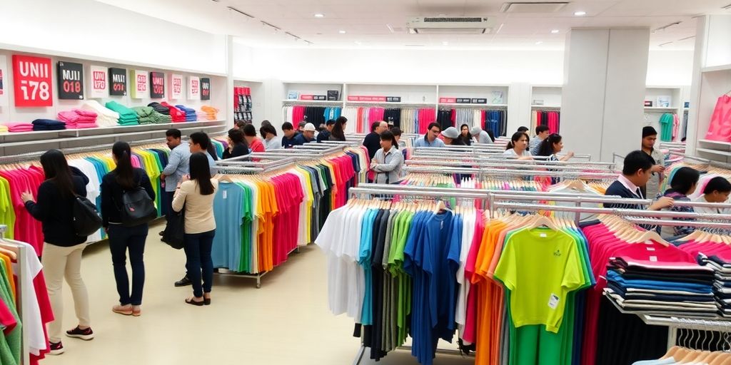 Uniqlo store interior with colorful clothing displays.