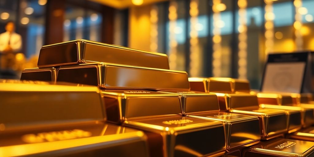 Barres d'or brillantes empilées dans un cadre luxueux.