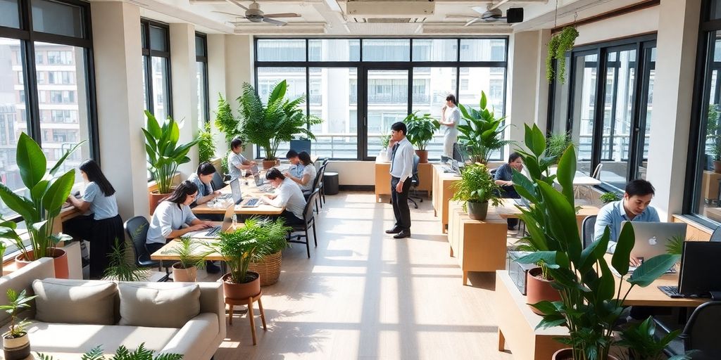 Modern coworking space in Tokyo with diverse professionals.