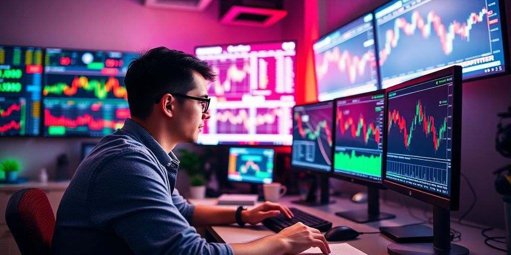 A trader engaging with multiple screens in a bright workspace.