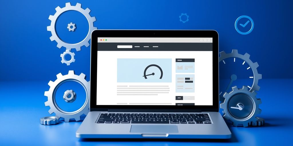 Laptop with fast-loading website and performance indicators.