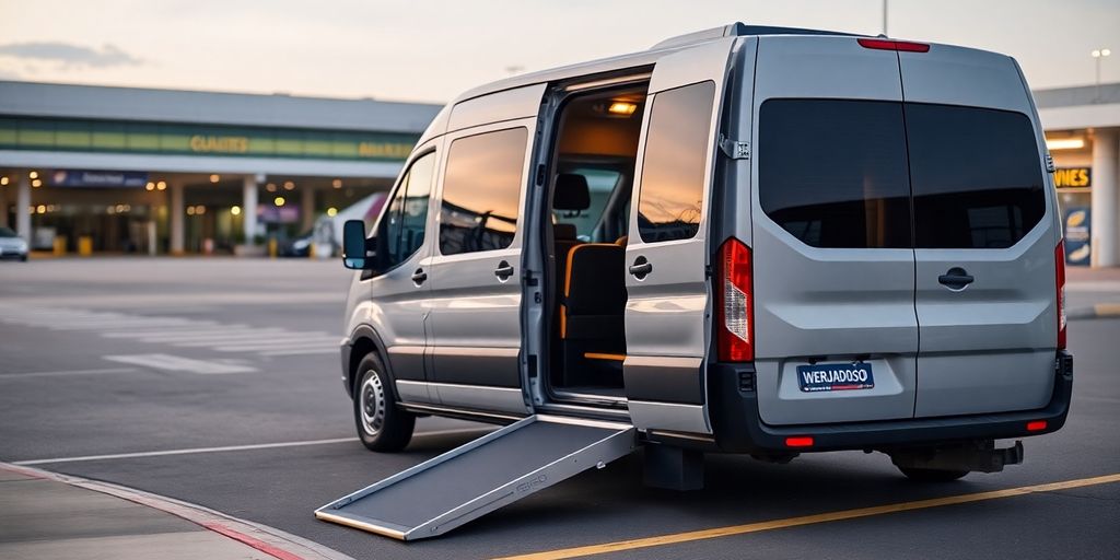Modern wheelchair accessible van arriving at airport.