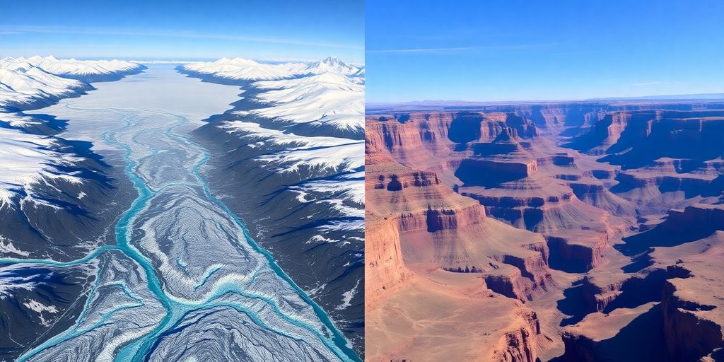 A split aerial view of an Alaskan glacier and the Grand Canyon.