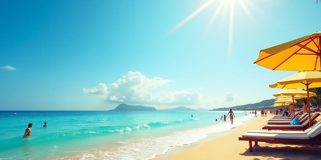 Strand mit Sonnenliegen und sonnigem Himmel.