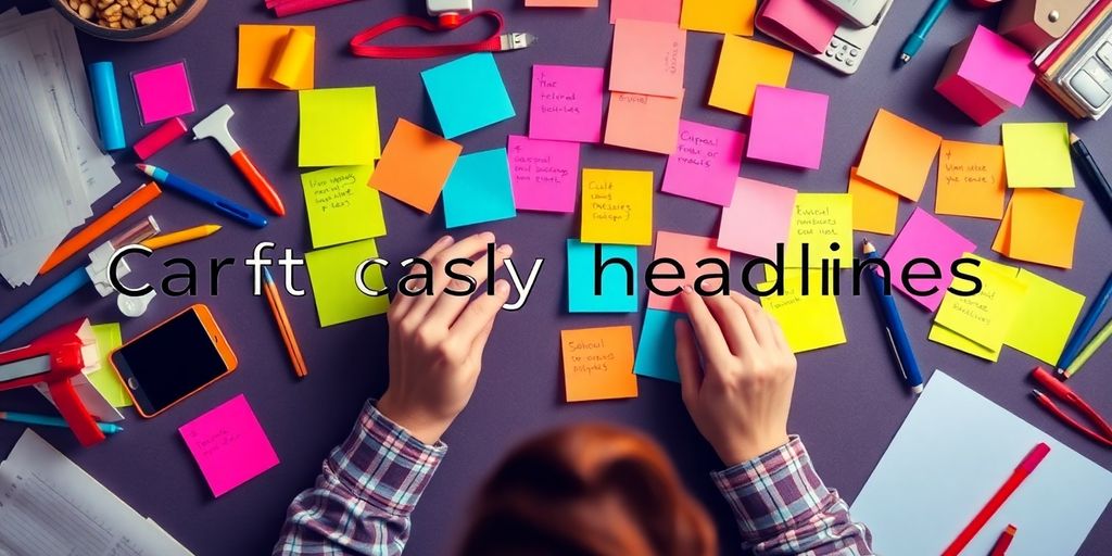 Person brainstorming with sticky notes and writing tools.