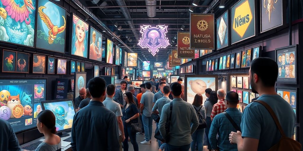 People trading digital art in a vibrant marketplace.
