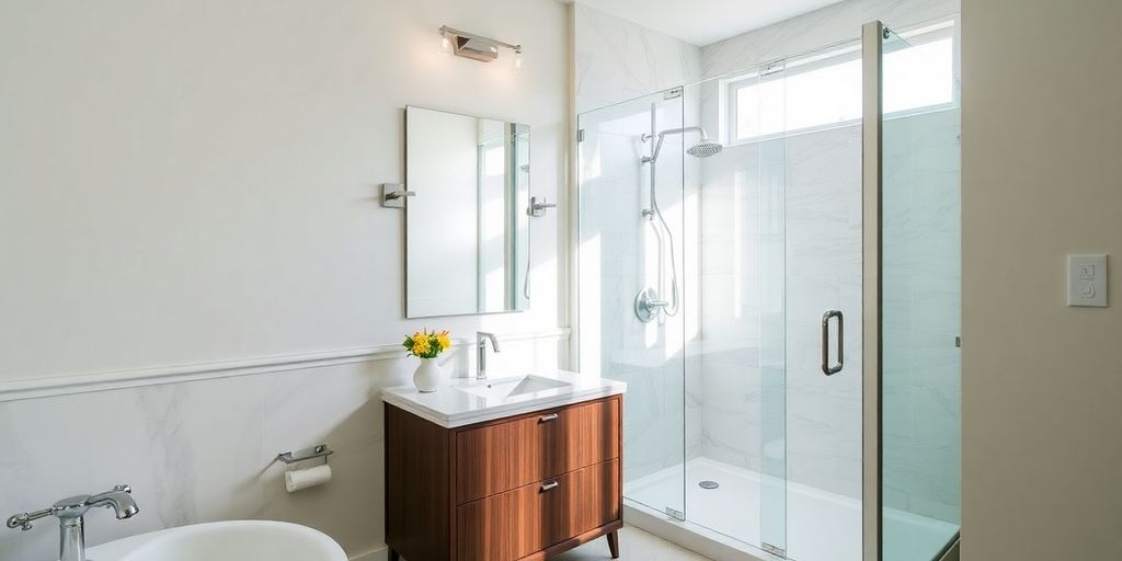 Stylish remodeled bathroom with modern fixtures and decor.