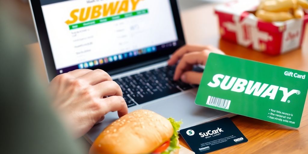 Person taking an online survey with Subway gift card nearby.