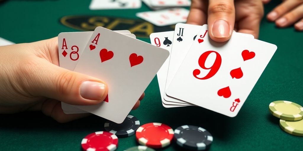 Baccarat cards totaling eight and nine with chips.