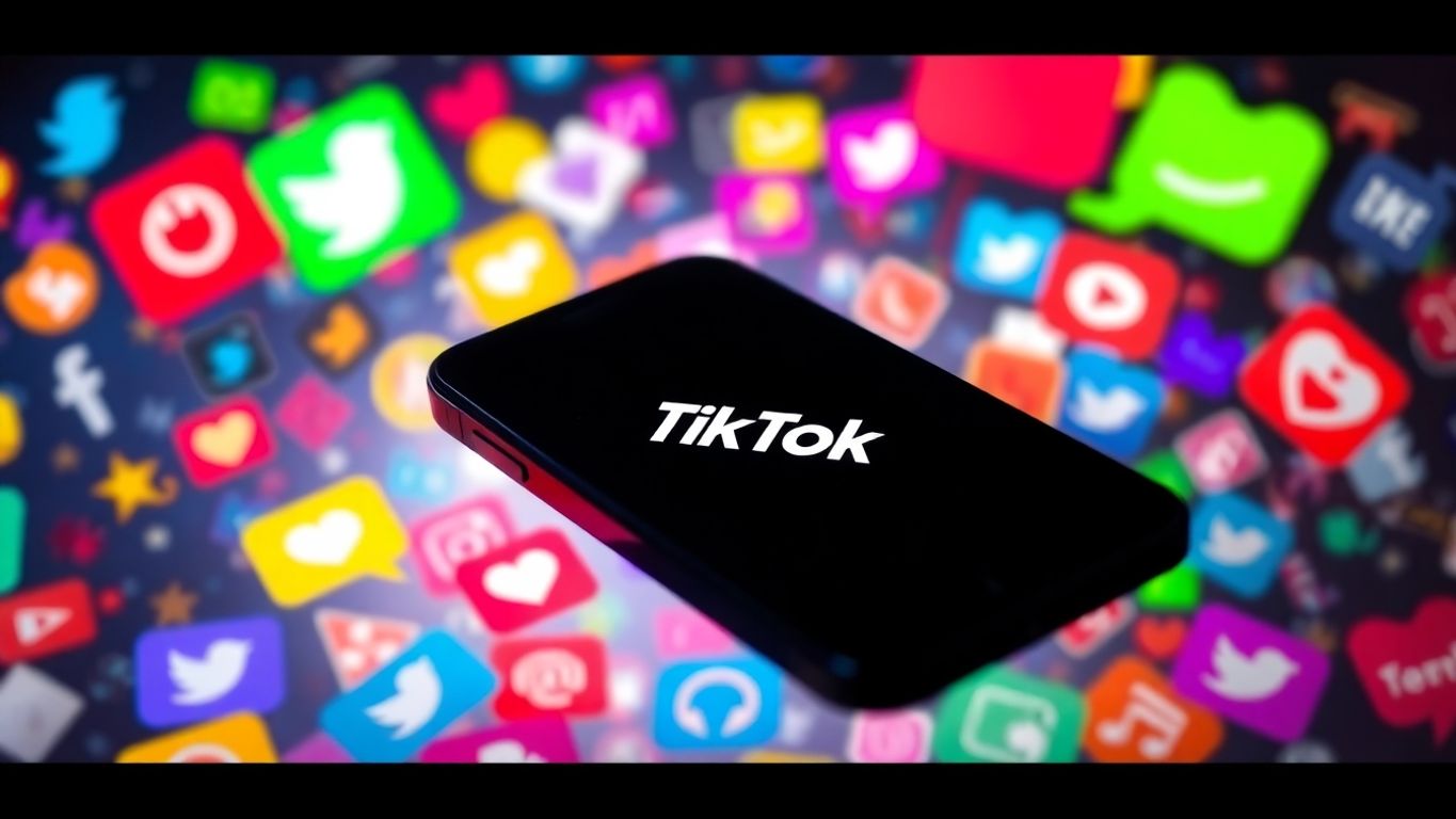 Smartphone showing TikTok with colorful media icons around it.