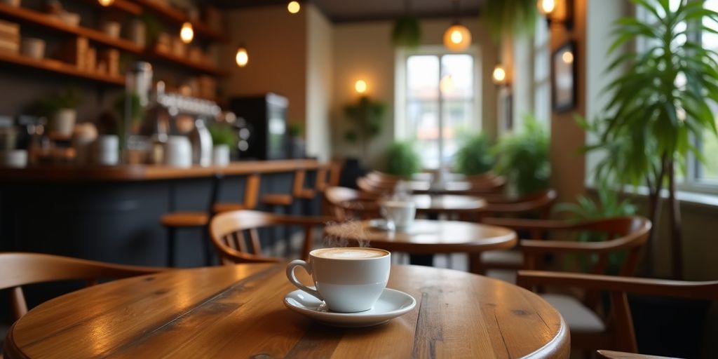 Cozy coffee shop interior with warm lighting and coffee cups.