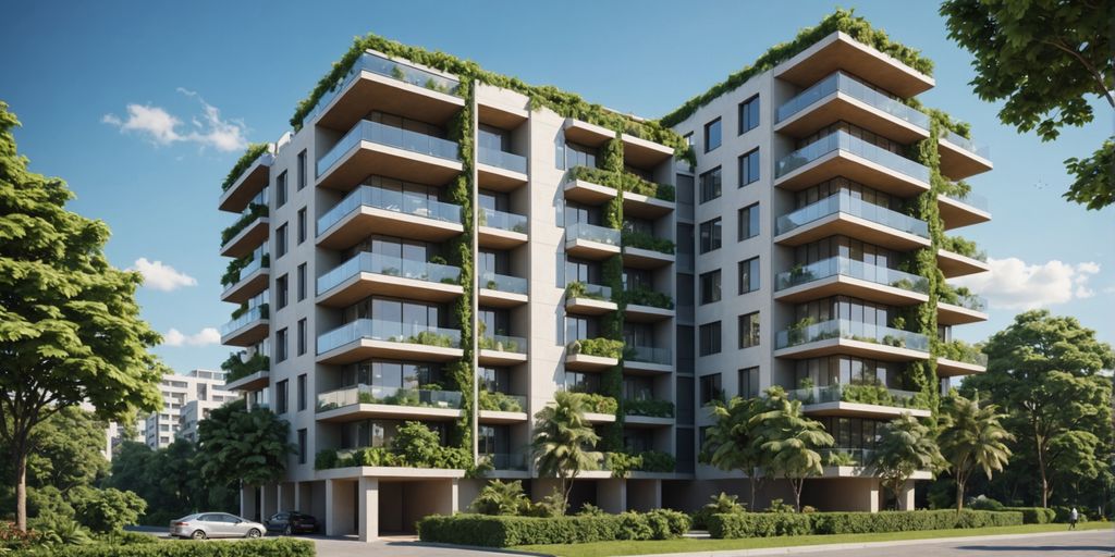 Luxurious apartment building with modern architecture.
