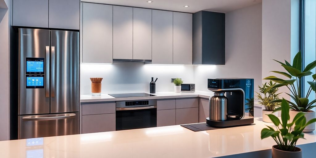 Modern kitchen with innovative smart appliances and sleek design.