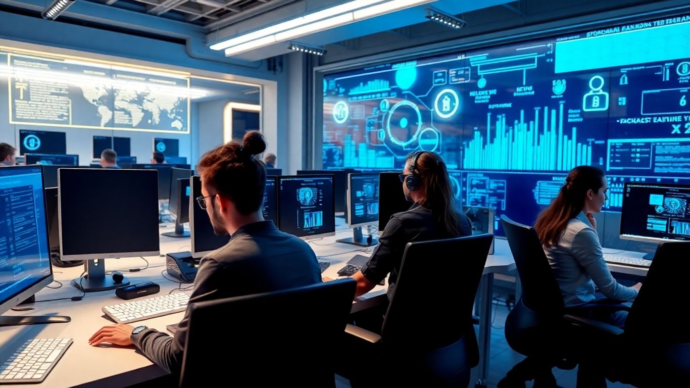 Developers at futuristic computers with digital blockchain visuals