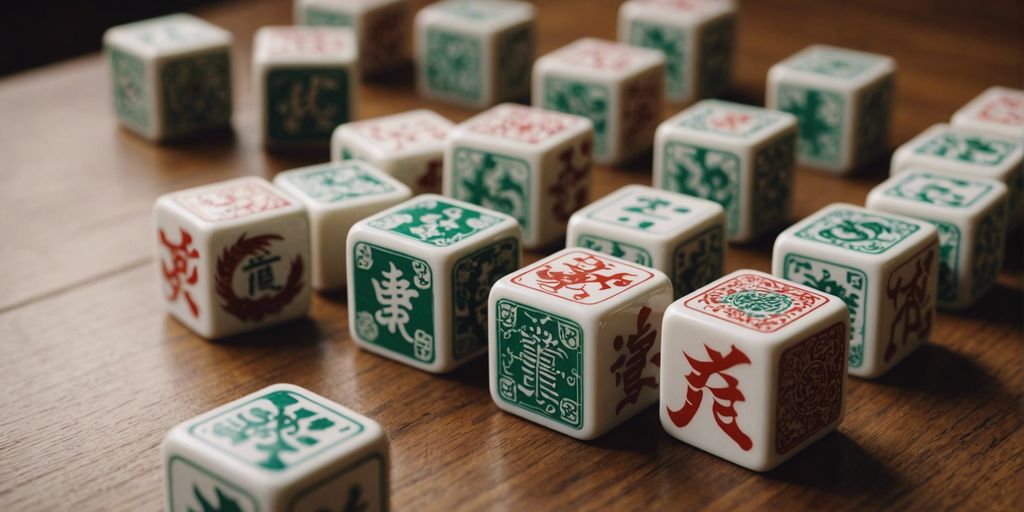 Close-up of Mahjong honor tiles, including Winds and Dragons, arranged on a wooden table.