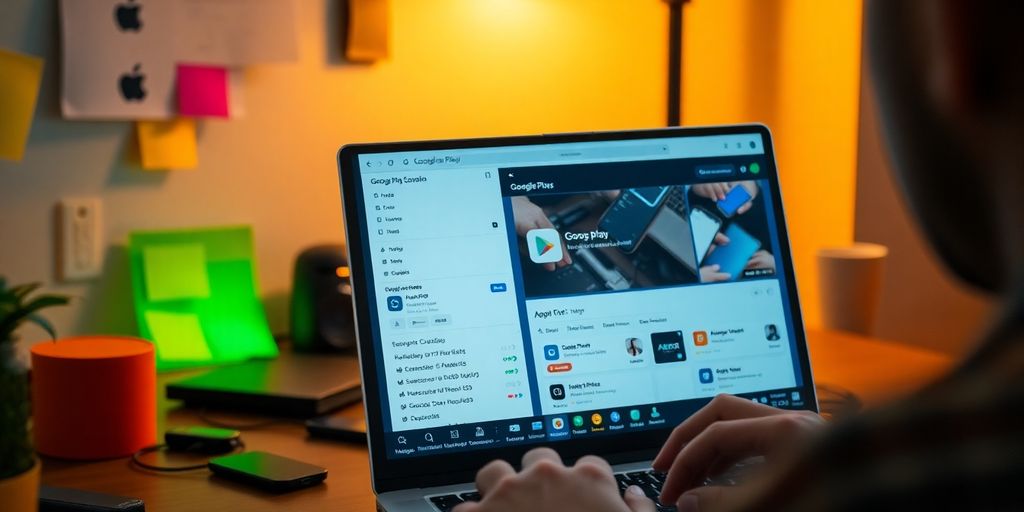 Developer at a laptop with Google Play Console interface.