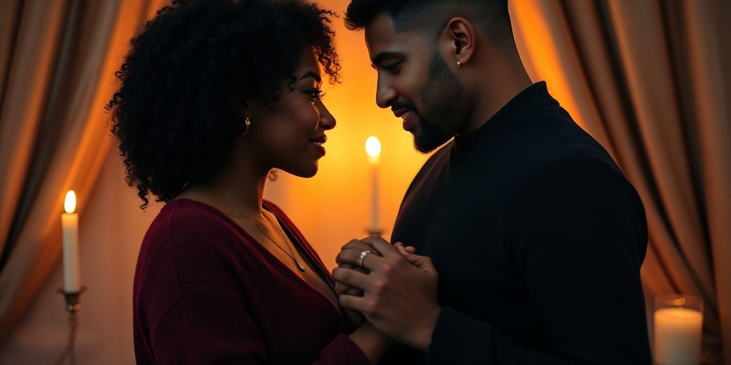 Couple intimately embracing under soft, warm lighting.
