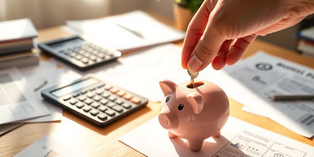 Money growing in a piggy bank on a desk.