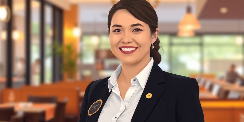 Hostess with certification badge.