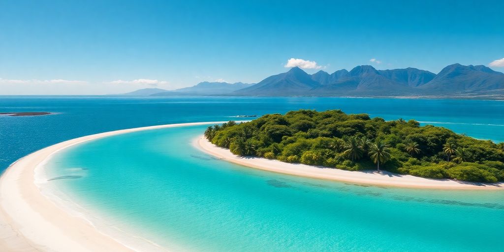 Lush green island, clear blue waters, distant mountains.