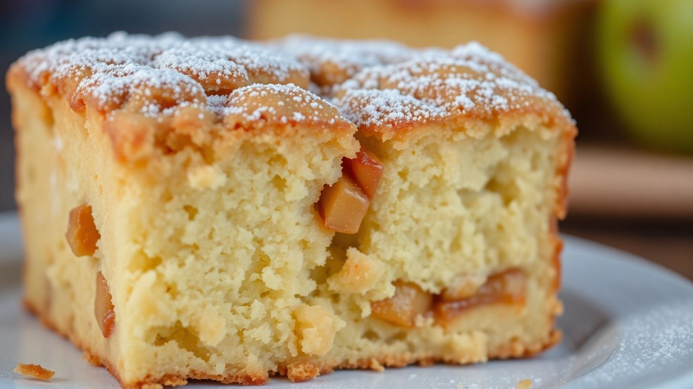 Moist apple cake slice with baked apples and powdered sugar.