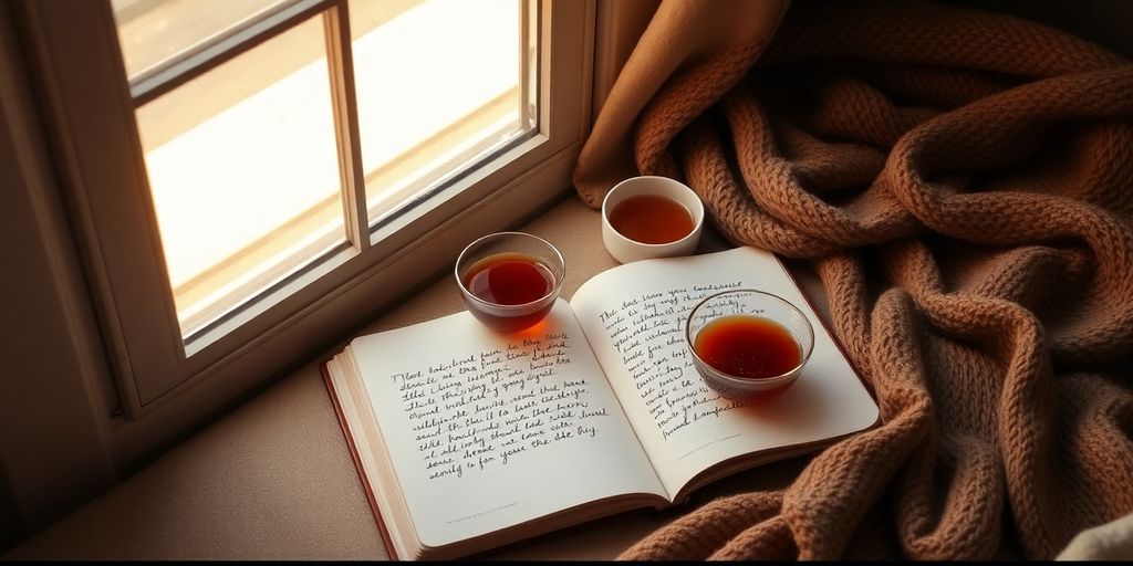 Open gratitude journal with a cup of tea nearby.