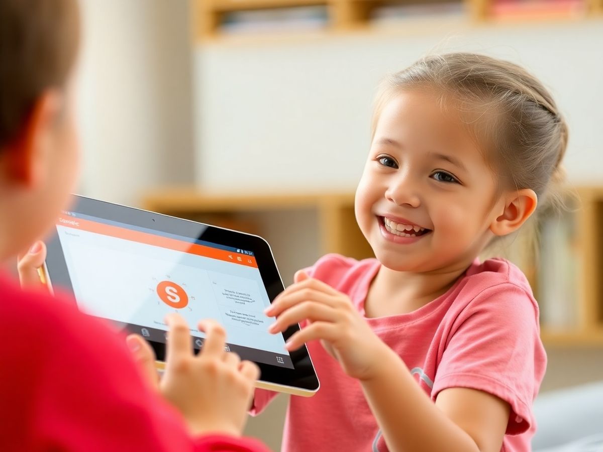 Copil fericit folosind o tabletă cu aplicația Socratic.