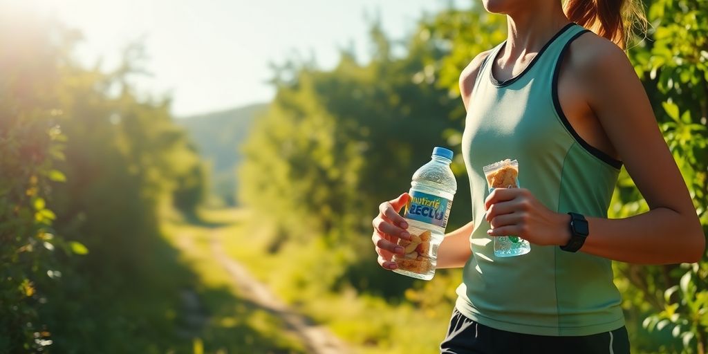 Runner with water bottle and snack on a trail.