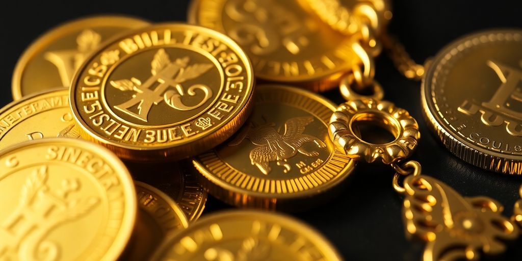 Des pièces d'or et bijoux brillants sur fond sombre.